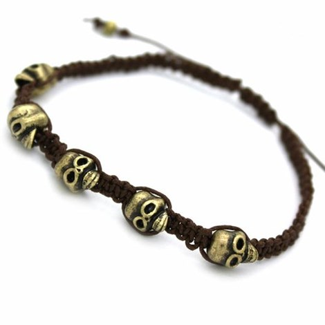 Antique Gold Skull Friendship Bracelet- On Brown braided strap